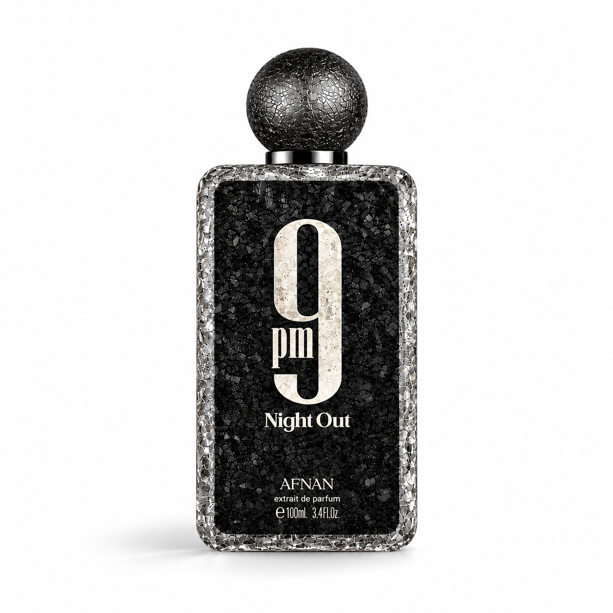 Afnan 9PM Night Out Extrait de Parfum 100ml black textured perfume bottle with a spherical cap and silver detailing on a clean white background with a soft shadow.