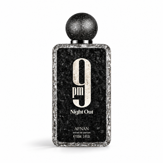 Afnan 9PM Night Out Extrait de Parfum 100ml black textured perfume bottle with a spherical cap and silver detailing on a clean white background with a soft shadow.
