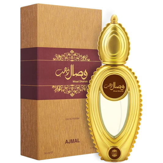 Gold ajmal wisal dhahab bottle with white background