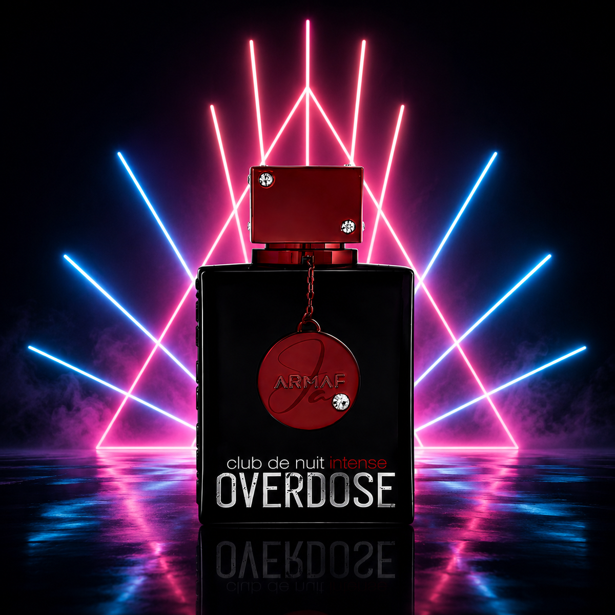 Armaf Overdose Club de Nuit Intense perfume bottle in a dark studio setting with neon pink and blue light beams in the background.