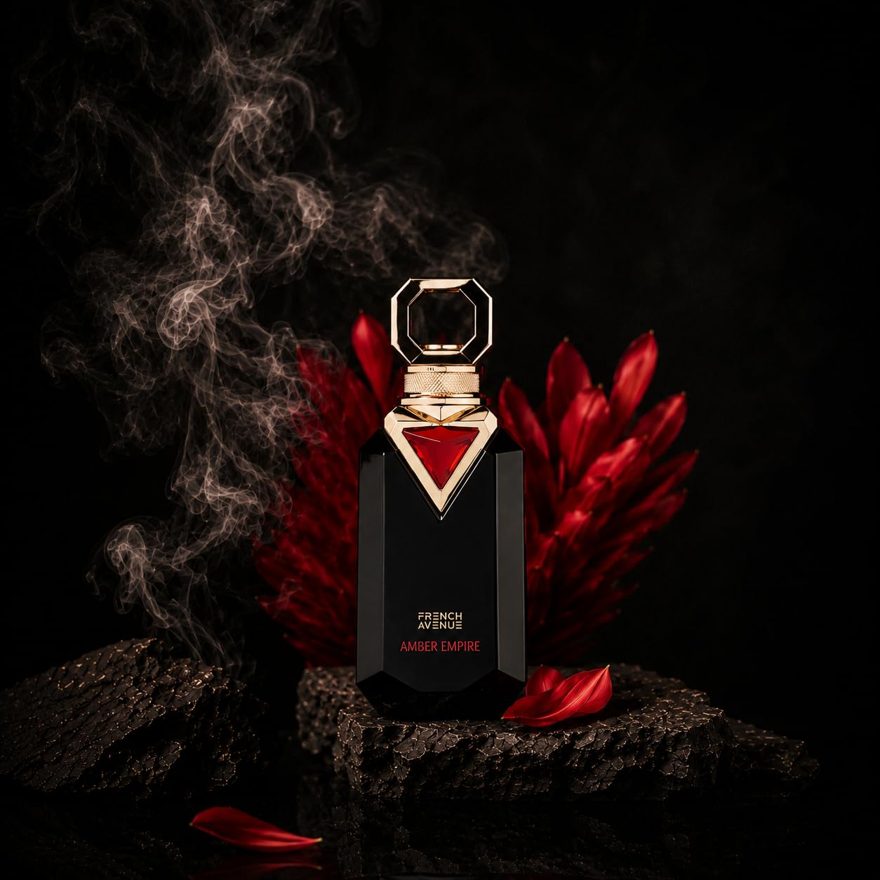 french avenue amber empire bottle in a black background