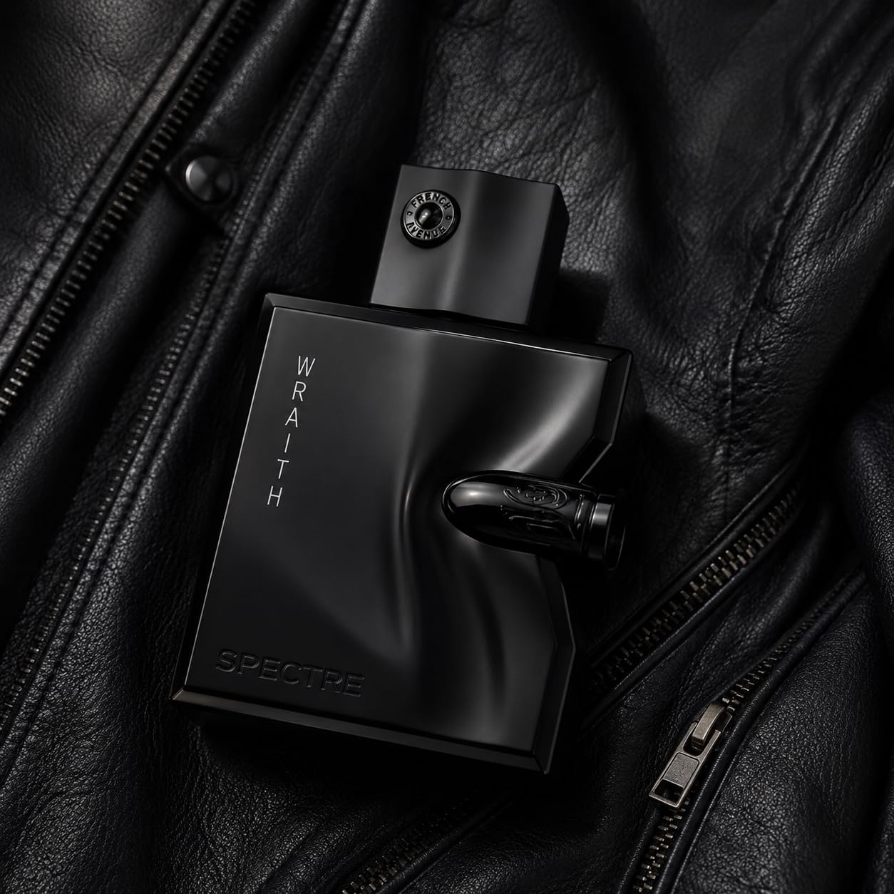 Black french avenue Spectre Wraith perfume bottle on a black leather surface