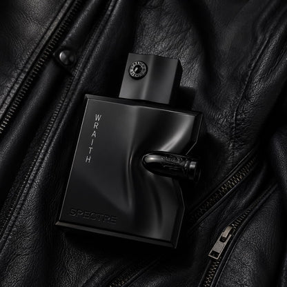 Black french avenue Spectre Wraith perfume bottle on a black leather surface
