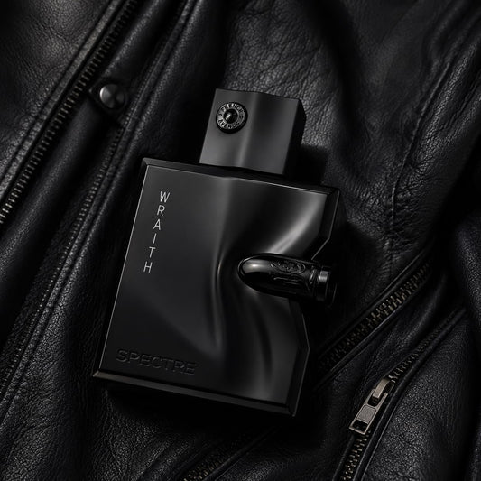 Black french avenue Spectre Wraith perfume bottle on a black leather surface