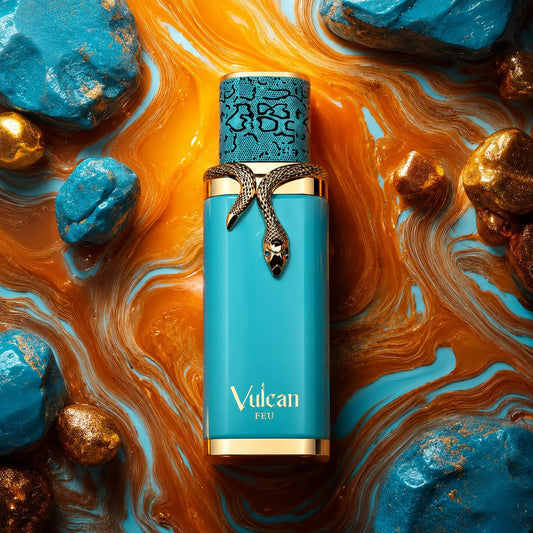 french avenue vulcan feu bottle in a brown and blue background