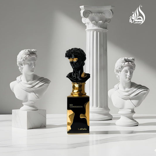 Lattafa His Confession bottle with architectural column in a classical setting