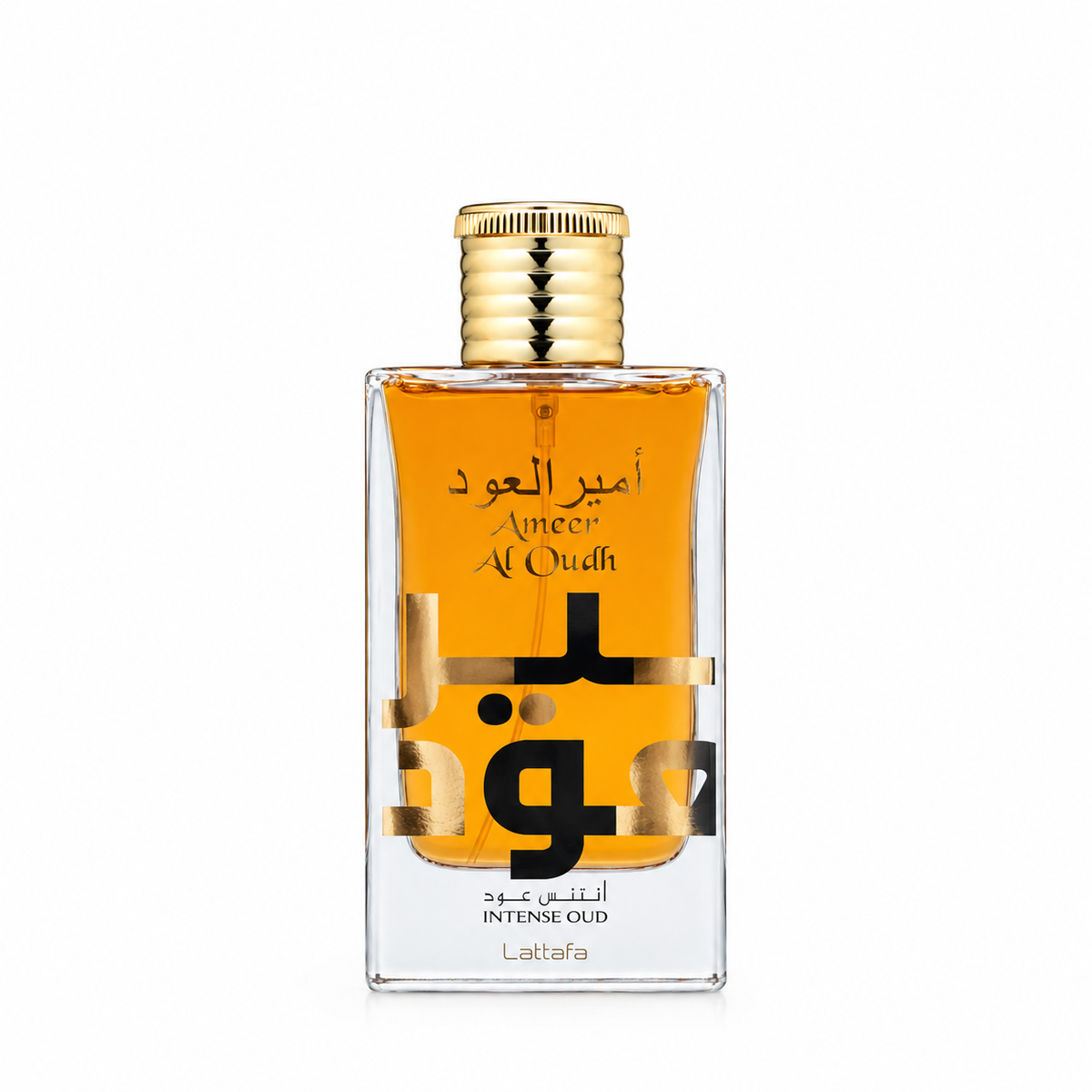A rectangular glass bottle of Al Oudh Intense Oud perfume by Lattafa, filled with amber-colored liquid and featuring a gold cap, set against a plain white background.