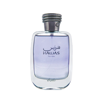 Rasasi hawas perfume bottle with a clear glass body showing light purple liquid inside, a silver cap with a textured band, and Arabic and English branding on the front.