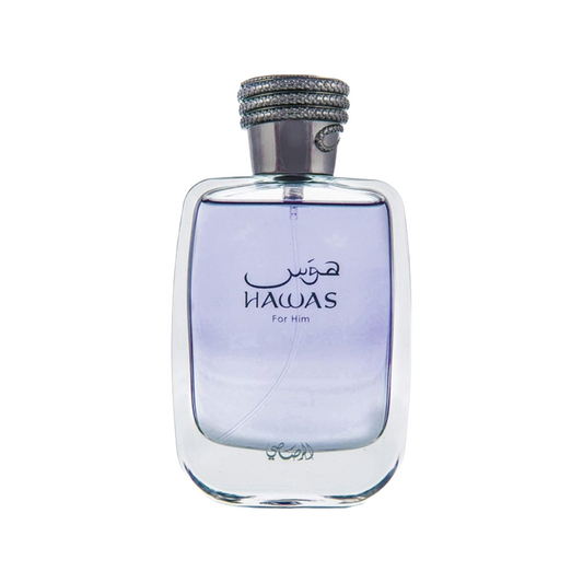 Rasasi hawas perfume bottle with a clear glass body showing light purple liquid inside, a silver cap with a textured band, and Arabic and English branding on the front.
