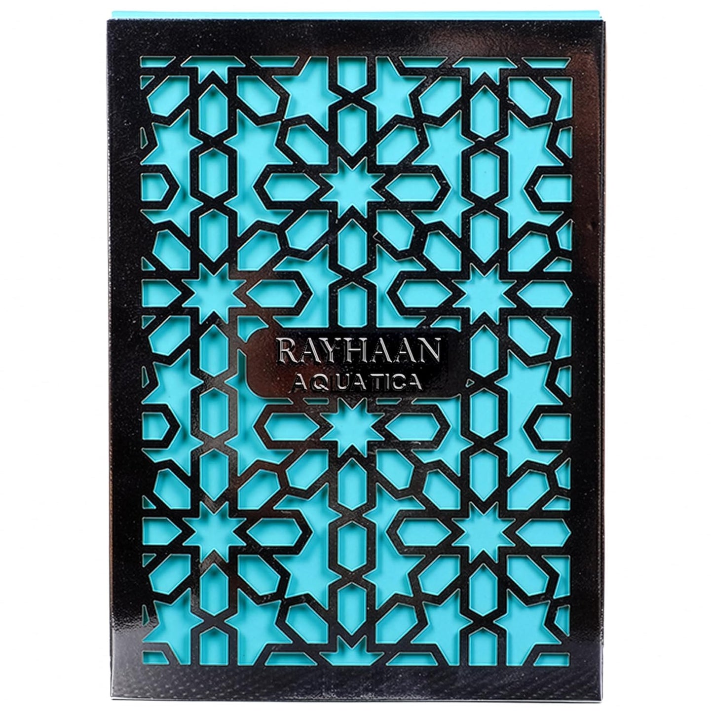Decorative box with intricate blue geometric pattern and 'Rayhaan Aquatica' branding.