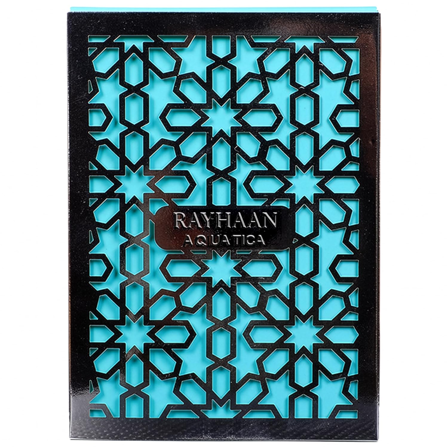 Decorative box with intricate blue geometric pattern and 'Rayhaan Aquatica' branding.