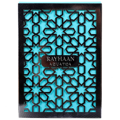 Decorative box with intricate blue geometric pattern and 'Rayhaan Aquatica' branding.