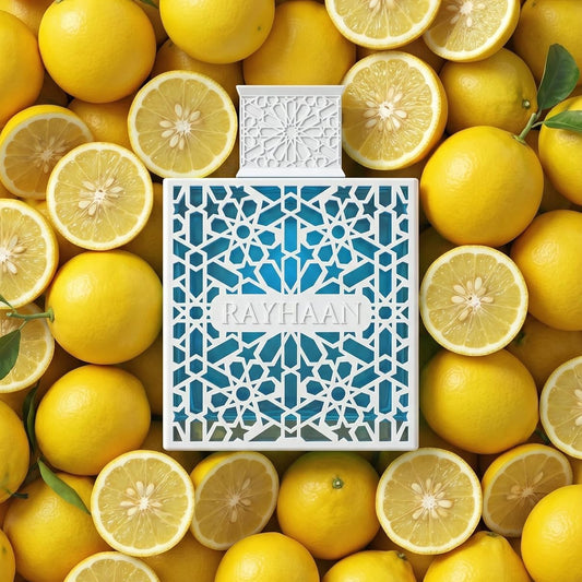 RAYHAAN  Azul perfume bottle on the front, surrounded by a dense arrangement of whole and sliced lemons.