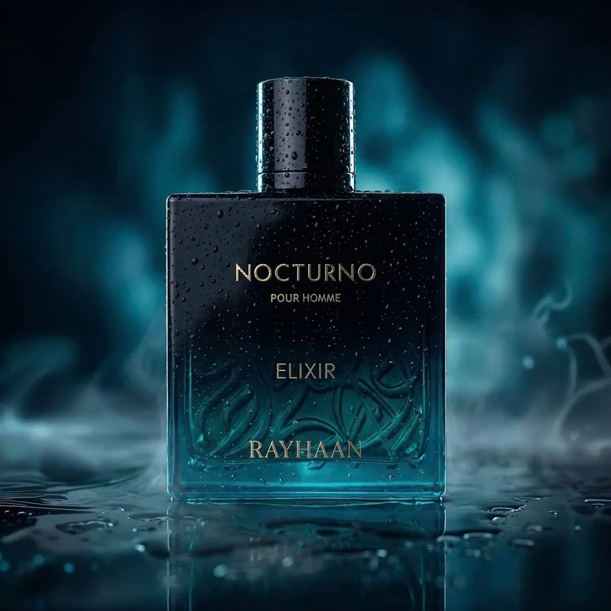 Rayhaan Nocturno Elixir perfume bottle' stands on a reflective wet surface with water droplets. The bottle is dark blue-black with gold lettering, set against a smoky dark blue background.
