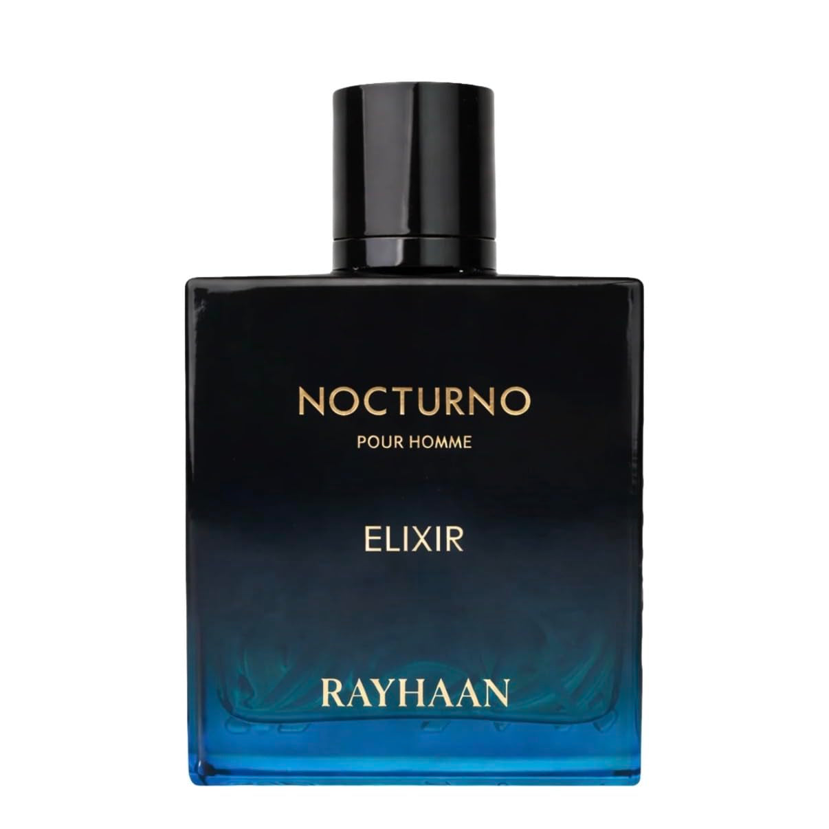 Rayhaan Nocturno Pour Homme Elixir fragrance bottle, featuring a black-to-blue gradient glass design with gold lettering, set against a plain white background.