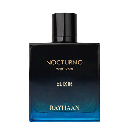 Rayhaan Nocturno Pour Homme Elixir fragrance bottle, featuring a black-to-blue gradient glass design with gold lettering, set against a plain white background.