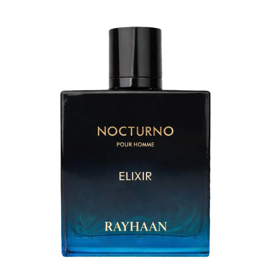 Rayhaan Nocturno Pour Homme Elixir fragrance bottle, featuring a black-to-blue gradient glass design with gold lettering, set against a plain white background.