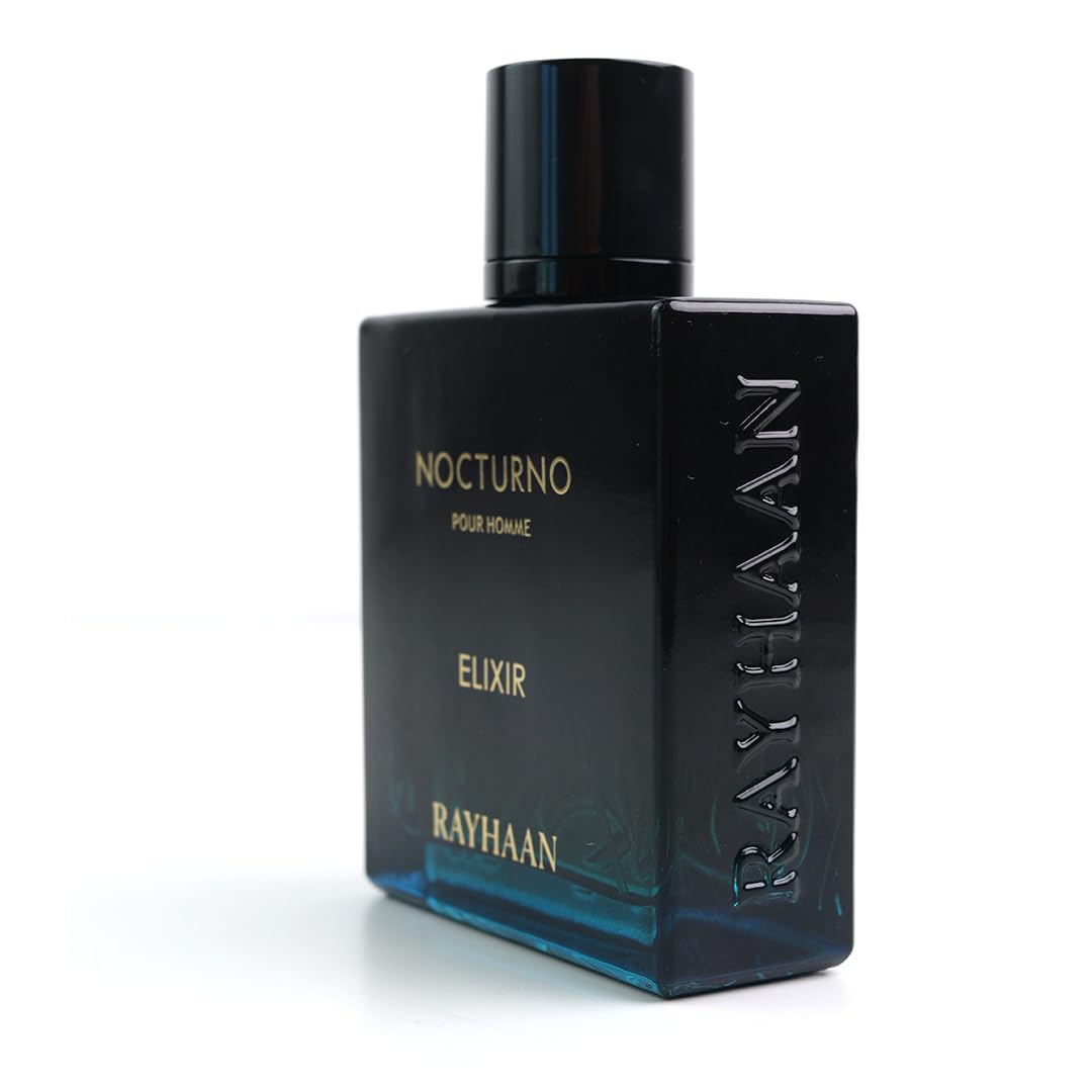 Black perfume bottle labeled 'Nocturno' by Rayhaan on a white background
