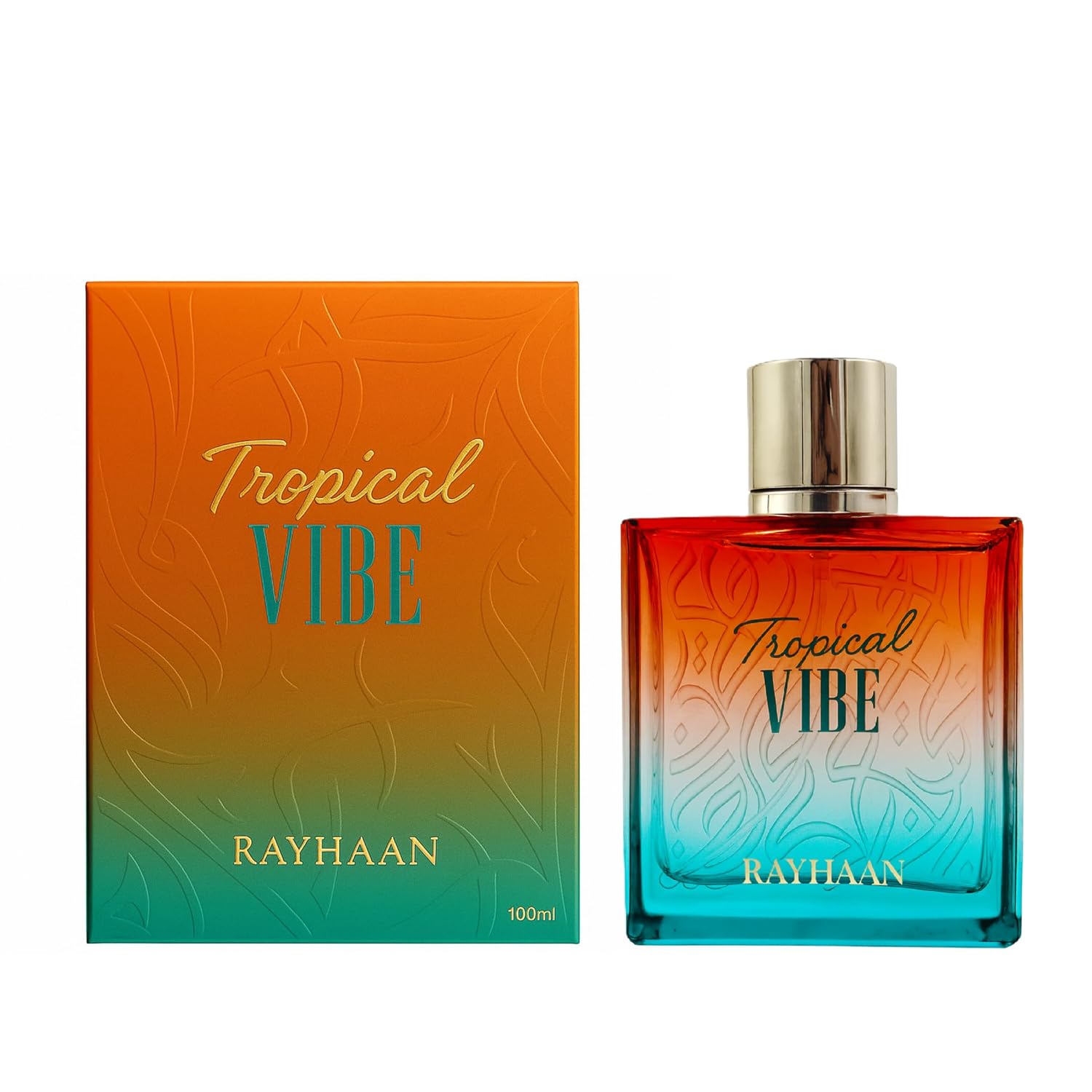 Rayhaan Tropical Vibe perfume bottle and packaging on a white background