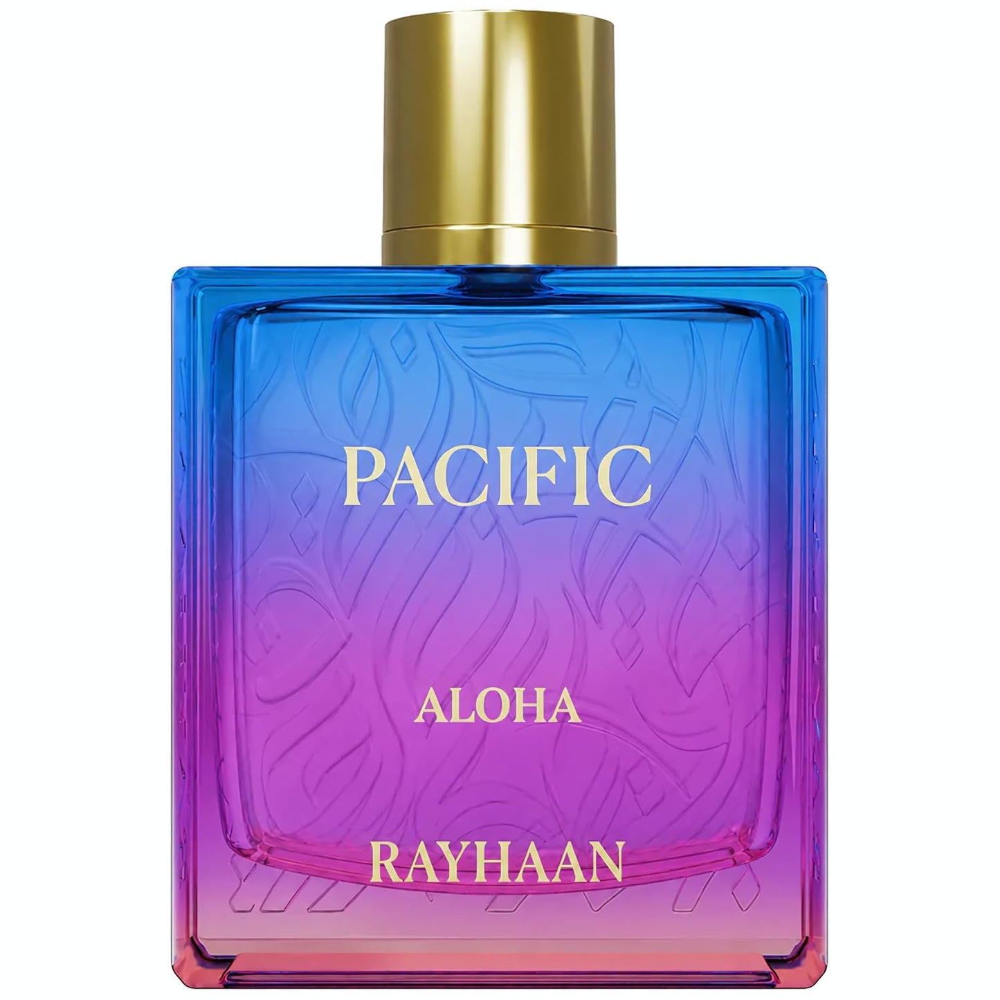 Rayhaan Pacific Aloha perfume bottle with a blue to purple gradient glass body, gold lettering, and a gold cylindrical cap on a white background.