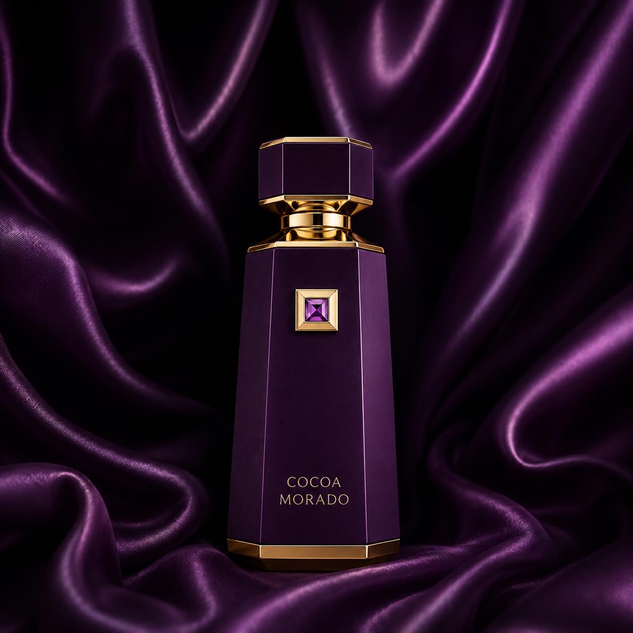 Purple french avenue cocoa morado bottle with gold cap on a purple fabric background