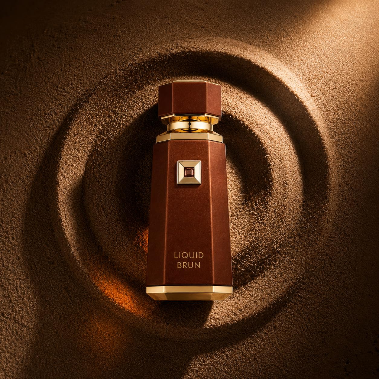 Brown and gold perfume bottle labeled 'LIQUID BRUN' on a textured brown background