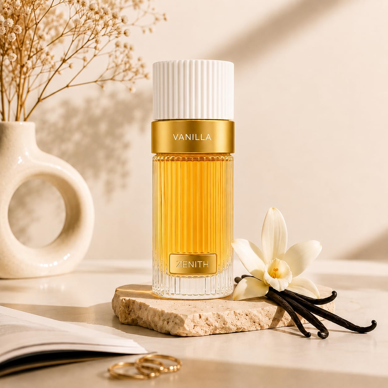 french avenue zenith vanilla bottle in a soft white background with white flower 