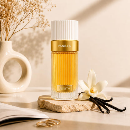 french avenue zenith vanilla bottle in a soft white background with white flower 