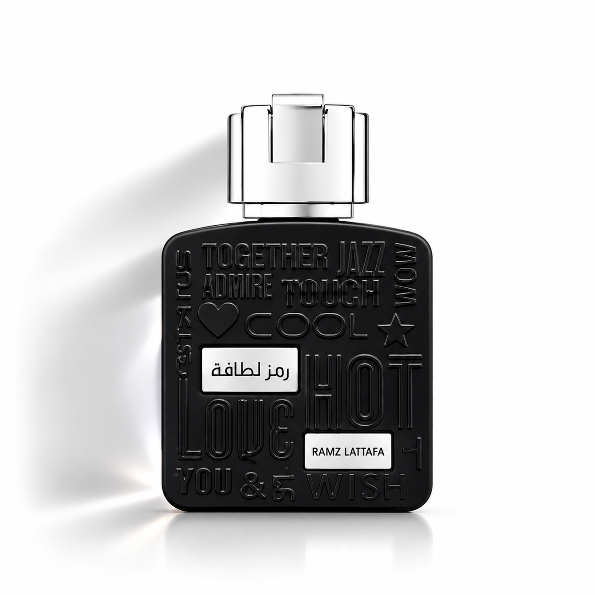 Lattafa Ramz Silver Eau de Parfum black perfume bottle with silver cap, embossed lettering and soft shadow on a clean white background.