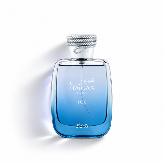 Rasasi Hawas Ice Eau de Parfum for Him 100ml bottle with an icy blue gradient and silver textured cap, centered on a white background with generous space and a soft shadow.